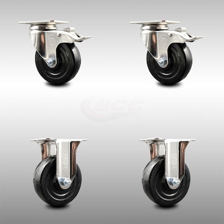 4 Inch 316SS Hard Rubber Wheel Swivel Top Plate Caster Lock Brake 2 Rigid, 2PK